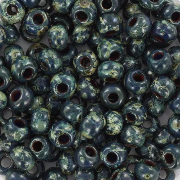 10g Miyuki seed beads 6/0, opaque opaque picasso dark teal, color 4516, japanese beads, large marbled teal beads, size 4mm, pony beads