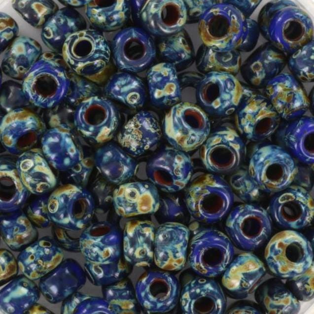 10g Miyuki seed beads 6/0, opaque opaque picasso cobalt, color 4518, japanese beads, large marbled blue beads, size 4mm, pony beads