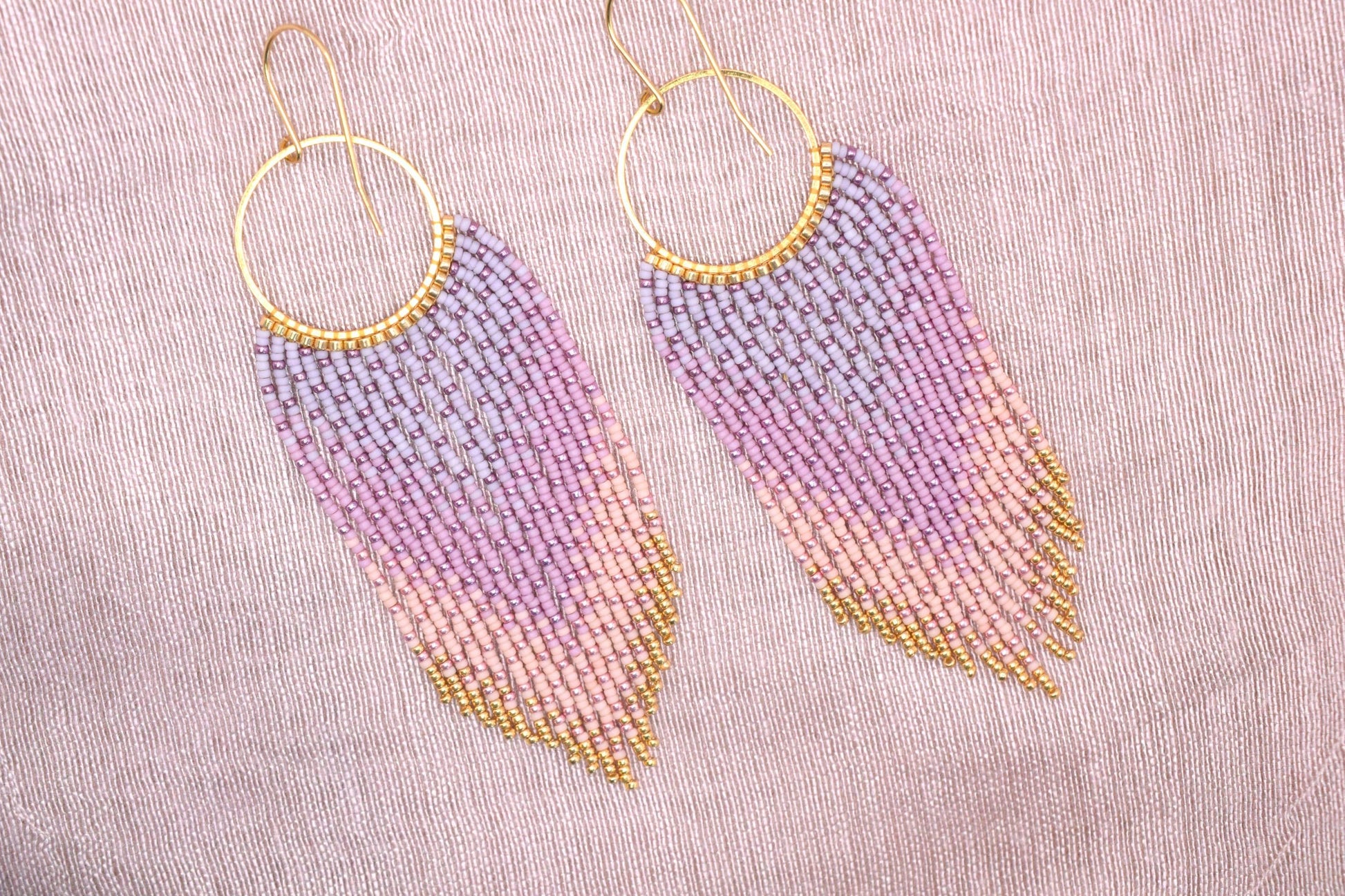 Beaded dangle earrings, fringe earrings seed beads, boho earrings pink and gold, chandelier earrings, Mothers day gifts, pink ombre earrings