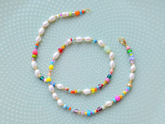 Colorful beaded necklace, freshwater pearl necklace, birthday gift for daughter, colorful summer jewellery, irregular pearl necklace