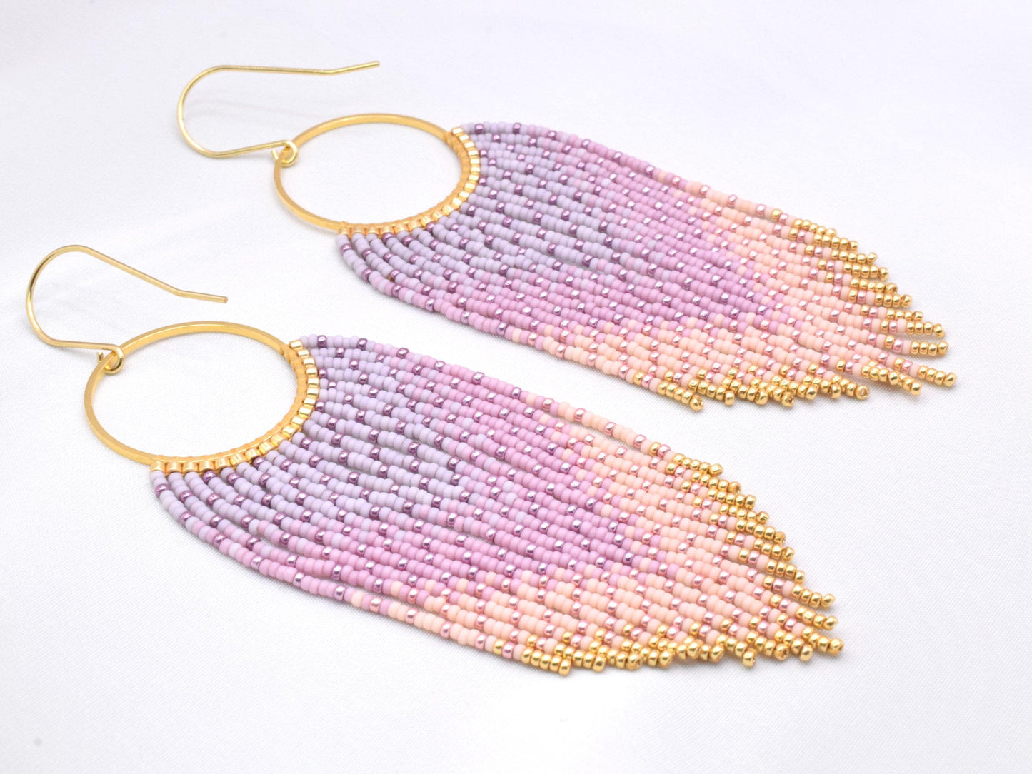 Beaded dangle earrings, fringe earrings seed beads, boho earrings pink and gold, chandelier earrings, Mothers day gifts, pink ombre earrings