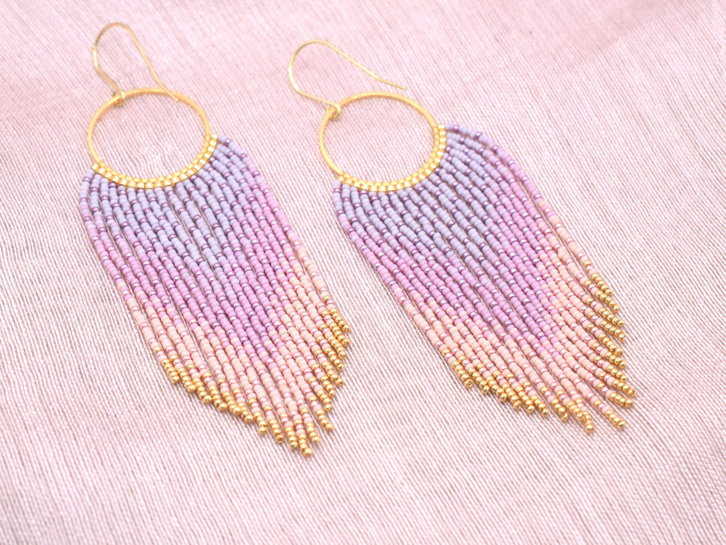 Beaded dangle earrings, fringe earrings seed beads, boho earrings pink and gold, chandelier earrings, Mothers day gifts, pink ombre earrings