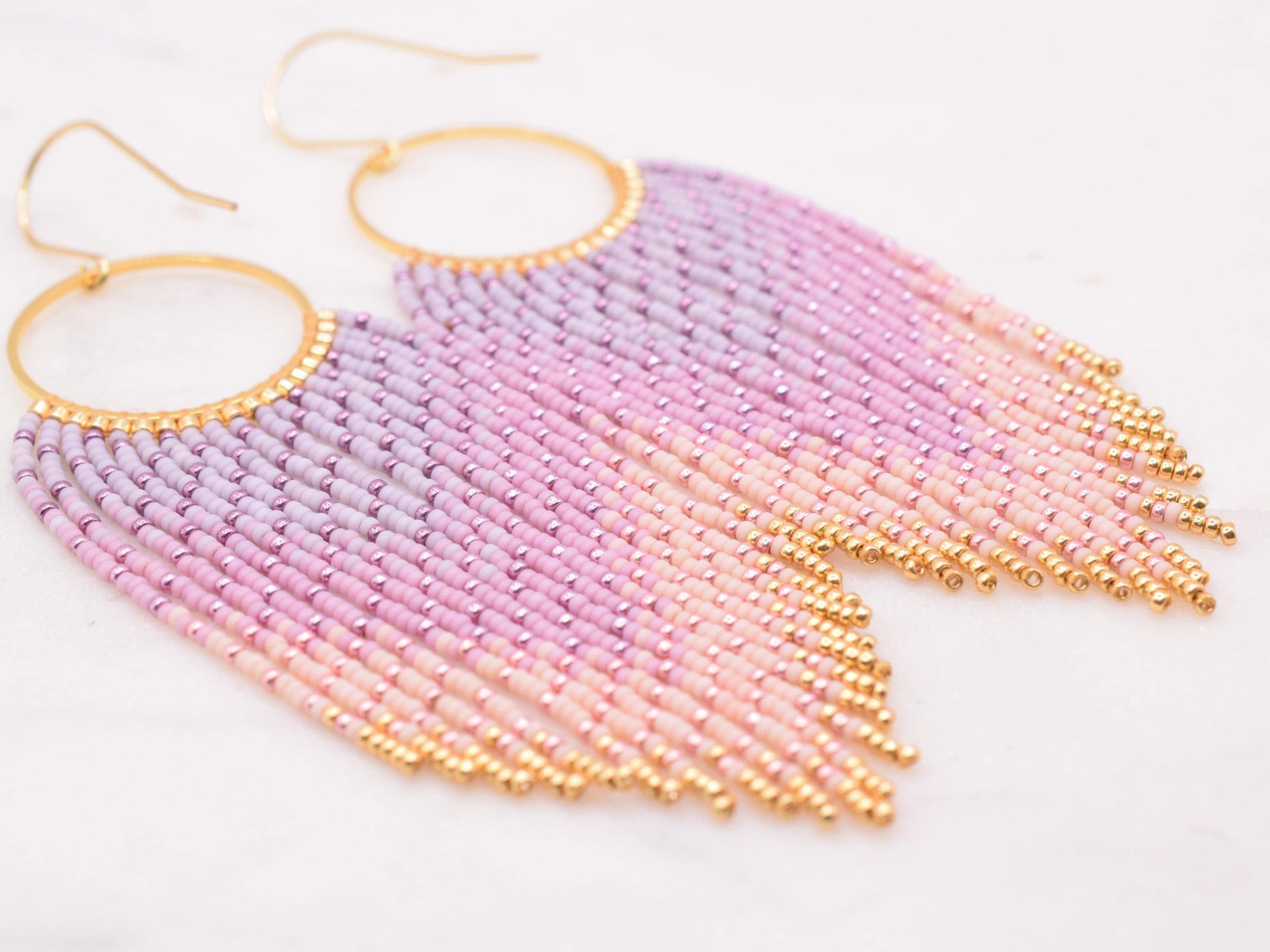 Beaded dangle earrings, fringe earrings seed beads, boho earrings pink and gold, chandelier earrings, Mothers day gifts, pink ombre earrings