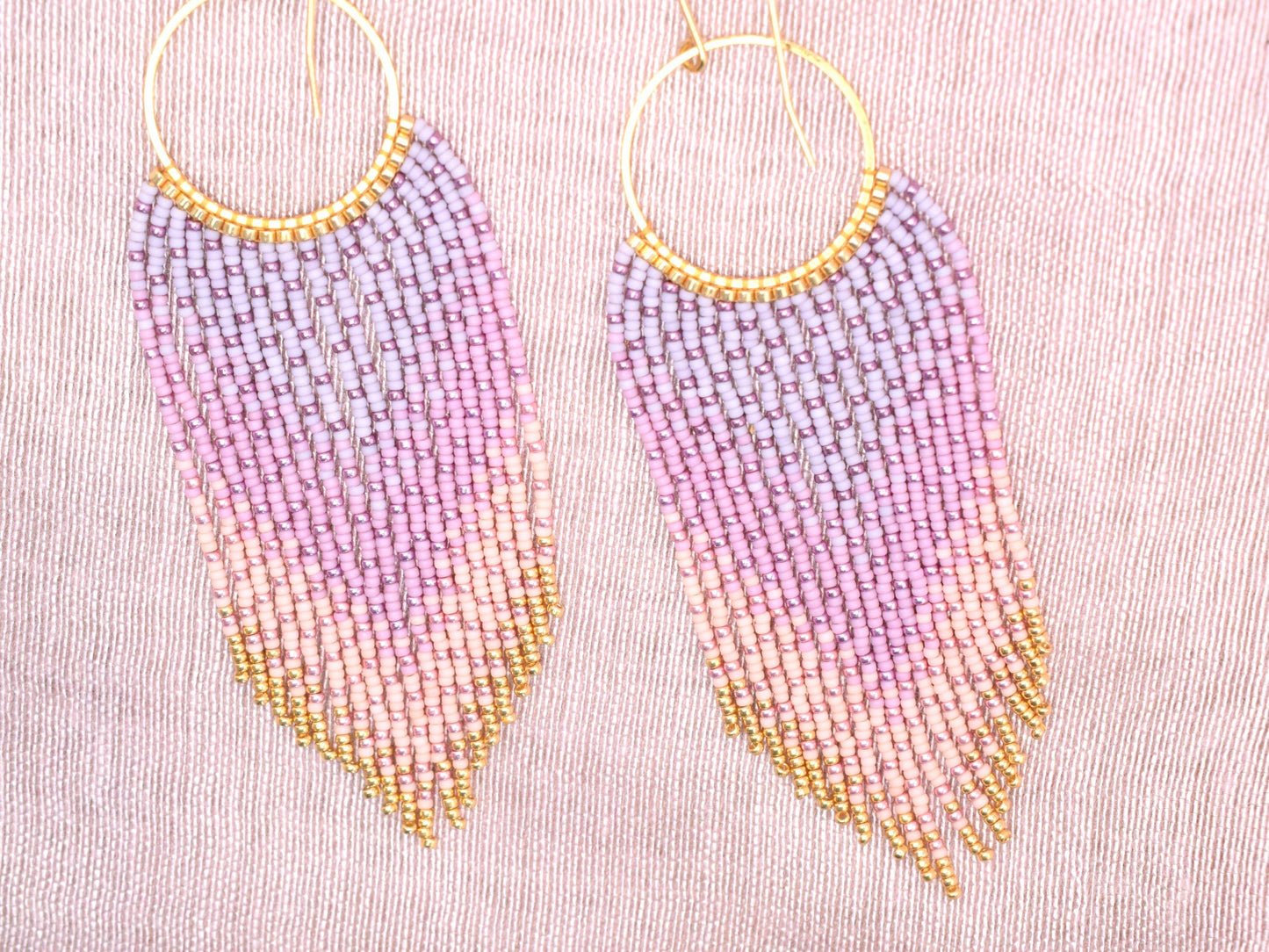 Beaded dangle earrings, fringe earrings seed beads, boho earrings pink and gold, chandelier earrings, Mothers day gifts, pink ombre earrings