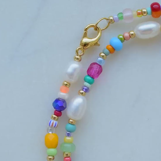 Colorful beaded necklace, freshwater pearl necklace, birthday gift for best friend, colorful summer jewelry, irregular pearl choker