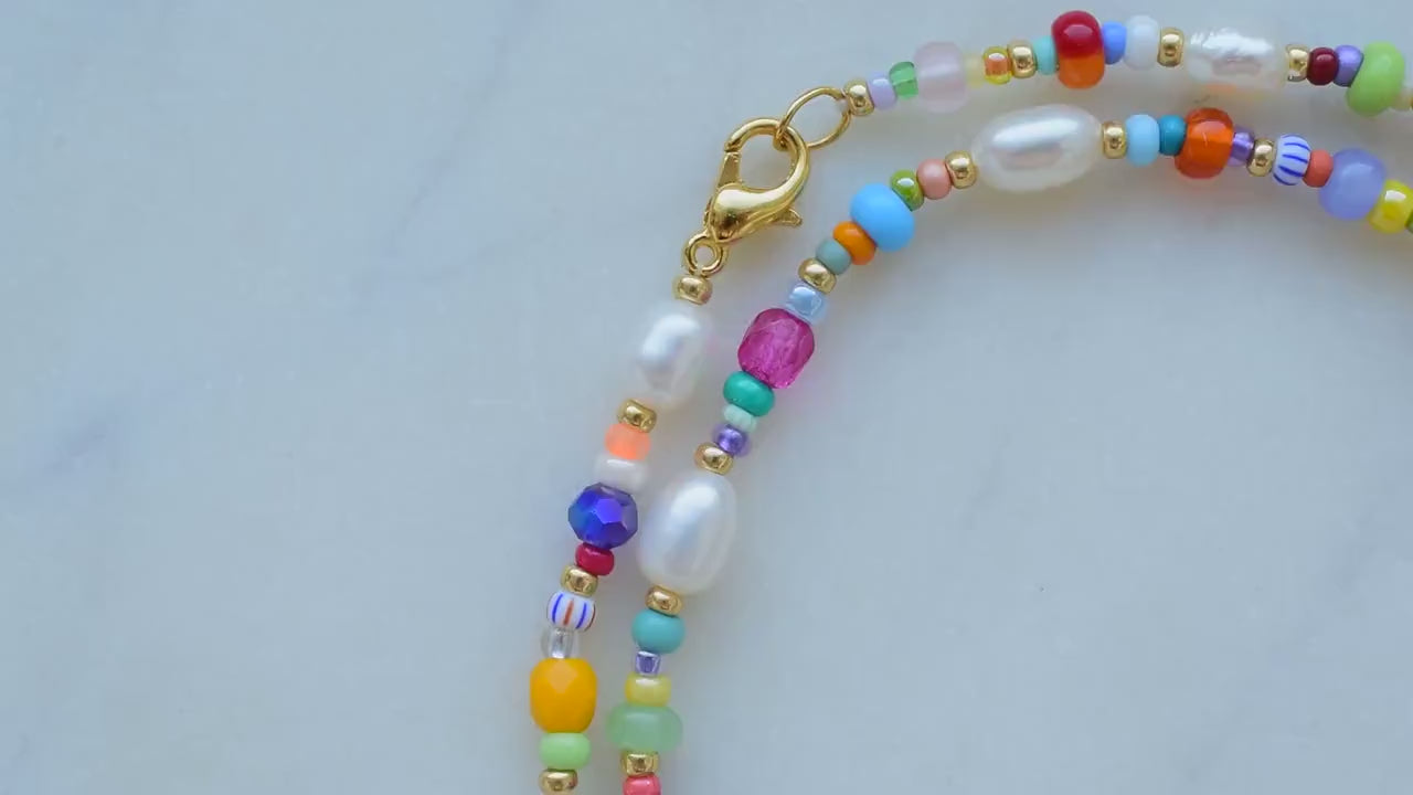 Colorful beaded necklace, freshwater pearl necklace, birthday gift for best friend, colorful summer jewelry, irregular pearl choker