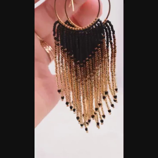 Gold and black fringe earrings, beaded earrings dangle, birthday gift for her jewelry, boho earrings ombre, statement earrings dangle