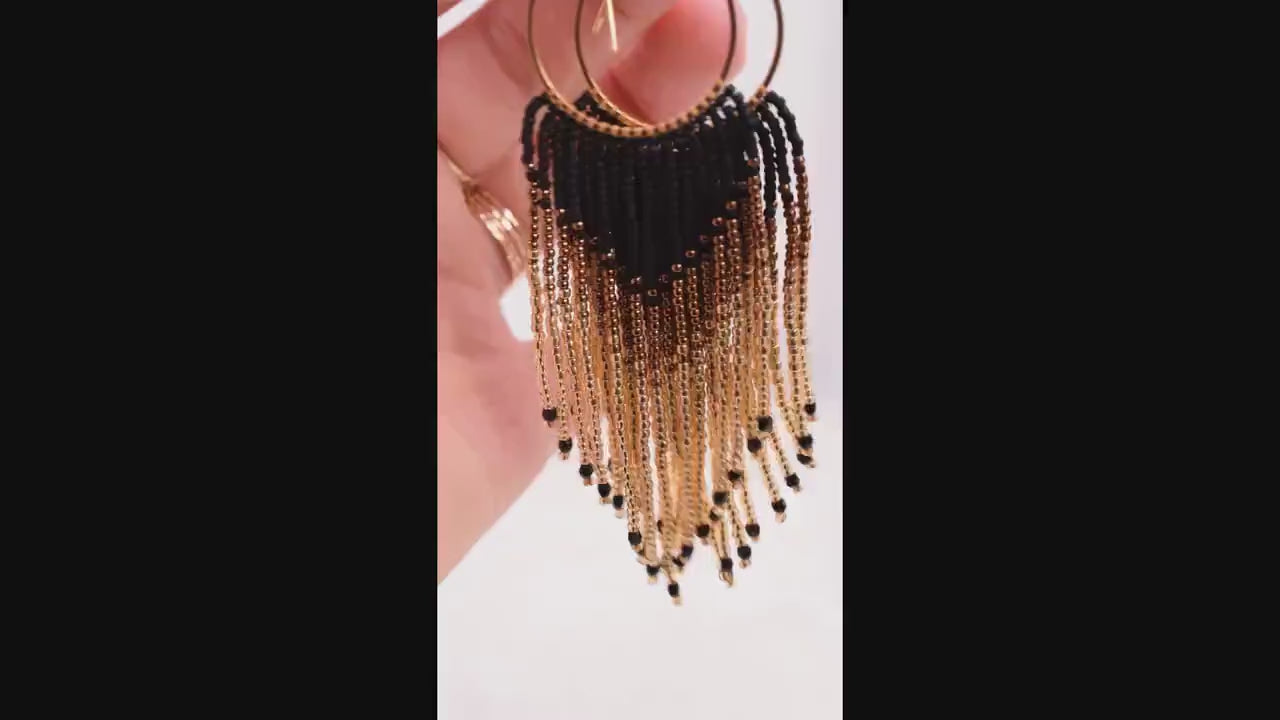 Gold and black fringe earrings, beaded earrings dangle, birthday gift for her jewelry, boho earrings ombre, statement earrings dangle