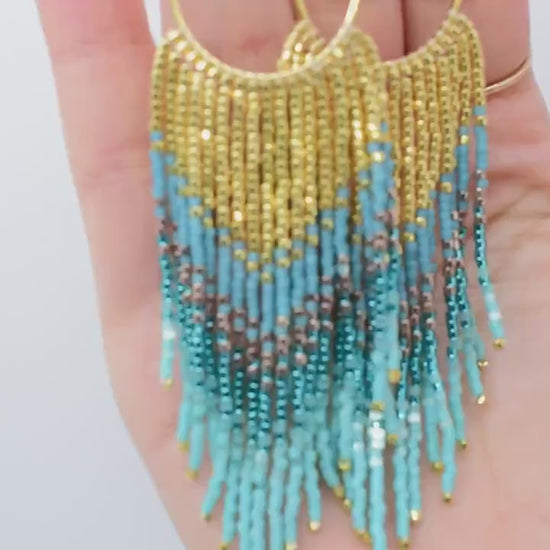 Gold and blue fringe earrings, beaded earrings dangle, evening jewelry, long earrings gold, peacock feathers earrings, birthday gift for her