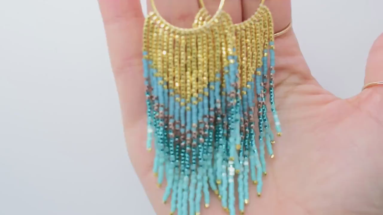 Gold and blue fringe earrings, beaded earrings dangle, evening jewelry, long earrings gold, peacock feathers earrings, birthday gift for her