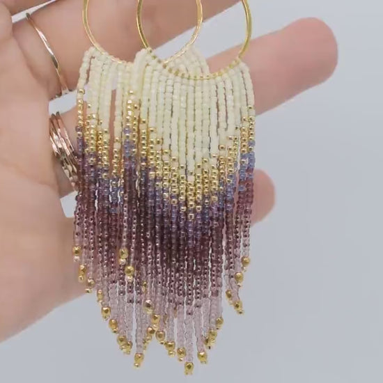 Gold and violet fringe earrings, beaded earrings dangle, long earrings gold, birthday gift for her jewelry, boho earrings, purple earrings