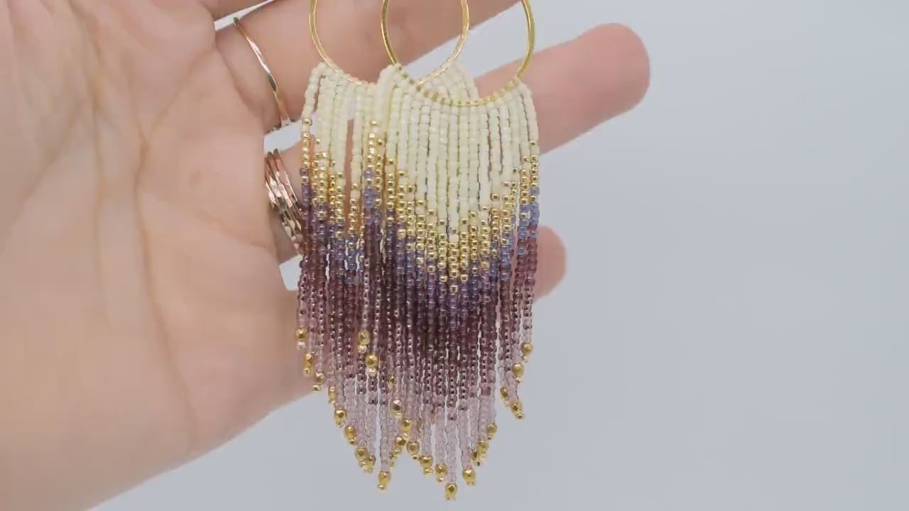 Gold and violet fringe earrings, beaded earrings dangle, long earrings gold, birthday gift for her jewelry, boho earrings, purple earrings