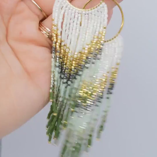 Gold and green fringe earrings, beaded earrings dangle, evening jewelry, long earrings gold, ombre earrings, birthday gift for her