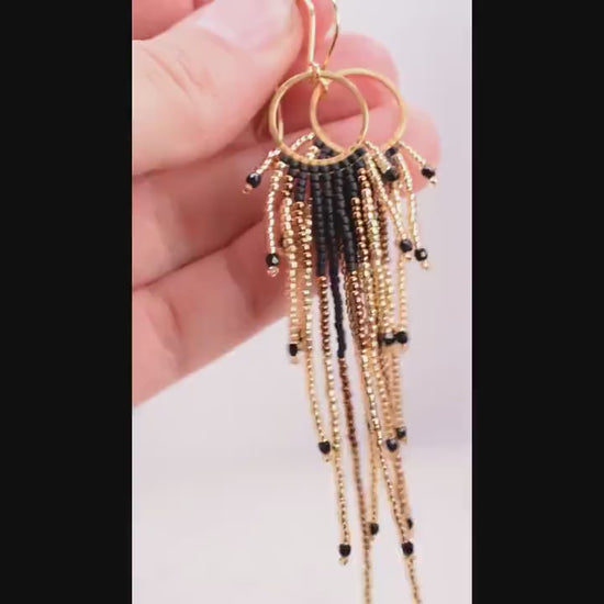 Gold and black fringe earrings, beaded earrings dangle, birthday gift for her jewelry, boho earrings ombre, lightweight earrings dangle