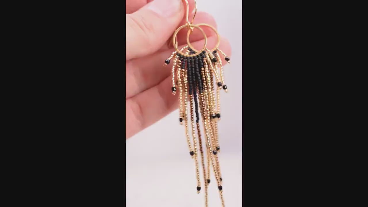 Gold and black fringe earrings, beaded earrings dangle, birthday gift for her jewelry, boho earrings ombre, lightweight earrings dangle