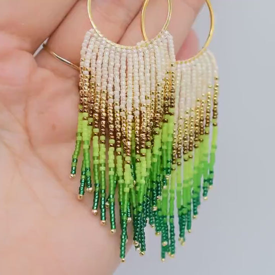 Gold and green fringe earrings, beaded earrings dangle, chandelier earrings, long earrings gold, Valentines earrings gift