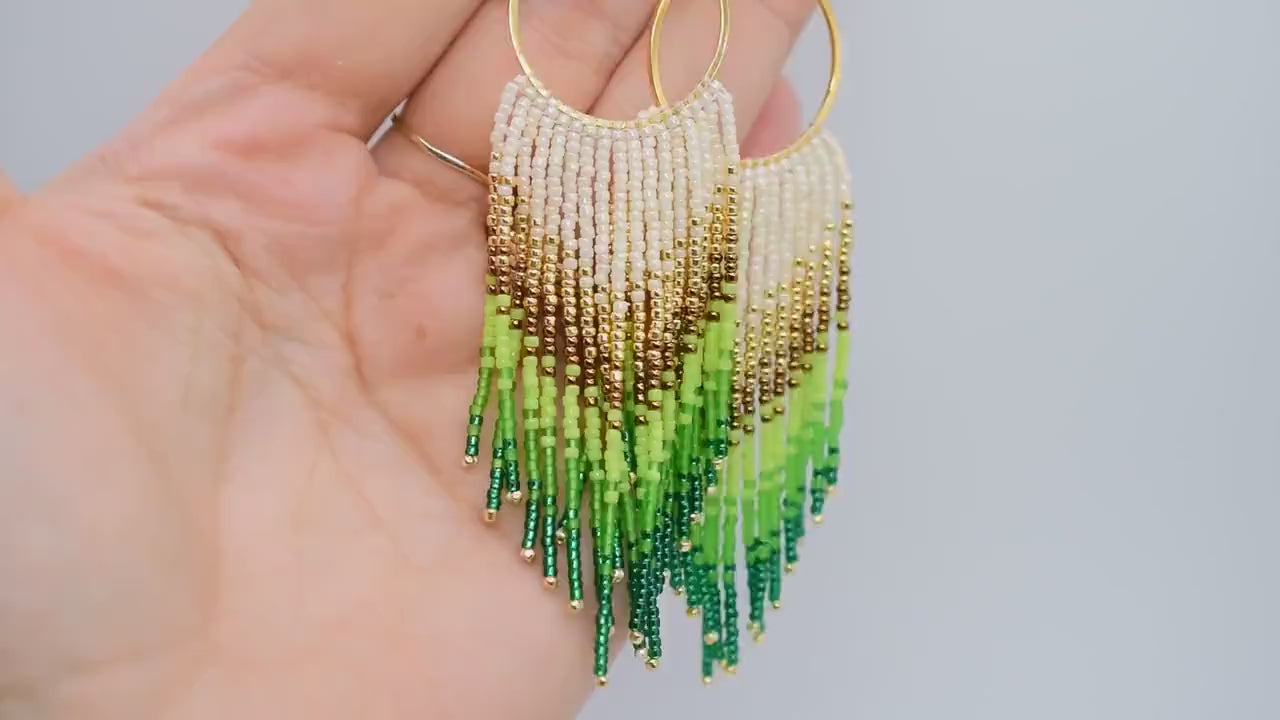 Gold and green fringe earrings, beaded earrings dangle, chandelier earrings, long earrings gold, Valentines earrings gift