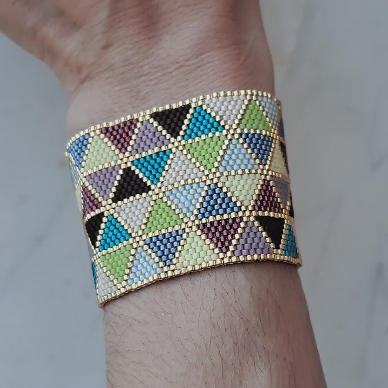 Colorful cuff bracelet wide, geometric bracelet, jewelry gift for mom, gift for daughter from mom and dad, triangle pattern, birthday gift