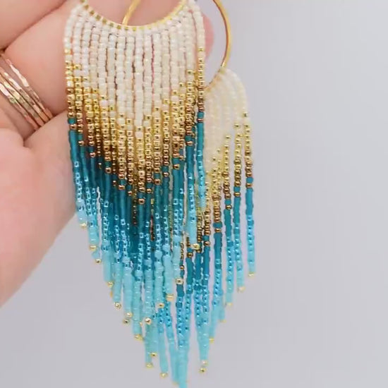 Gold and blue fringe earrings, beaded earrings dangle, evening jewelry, long earrings gold, Valentines earrings dangle, boho earrings