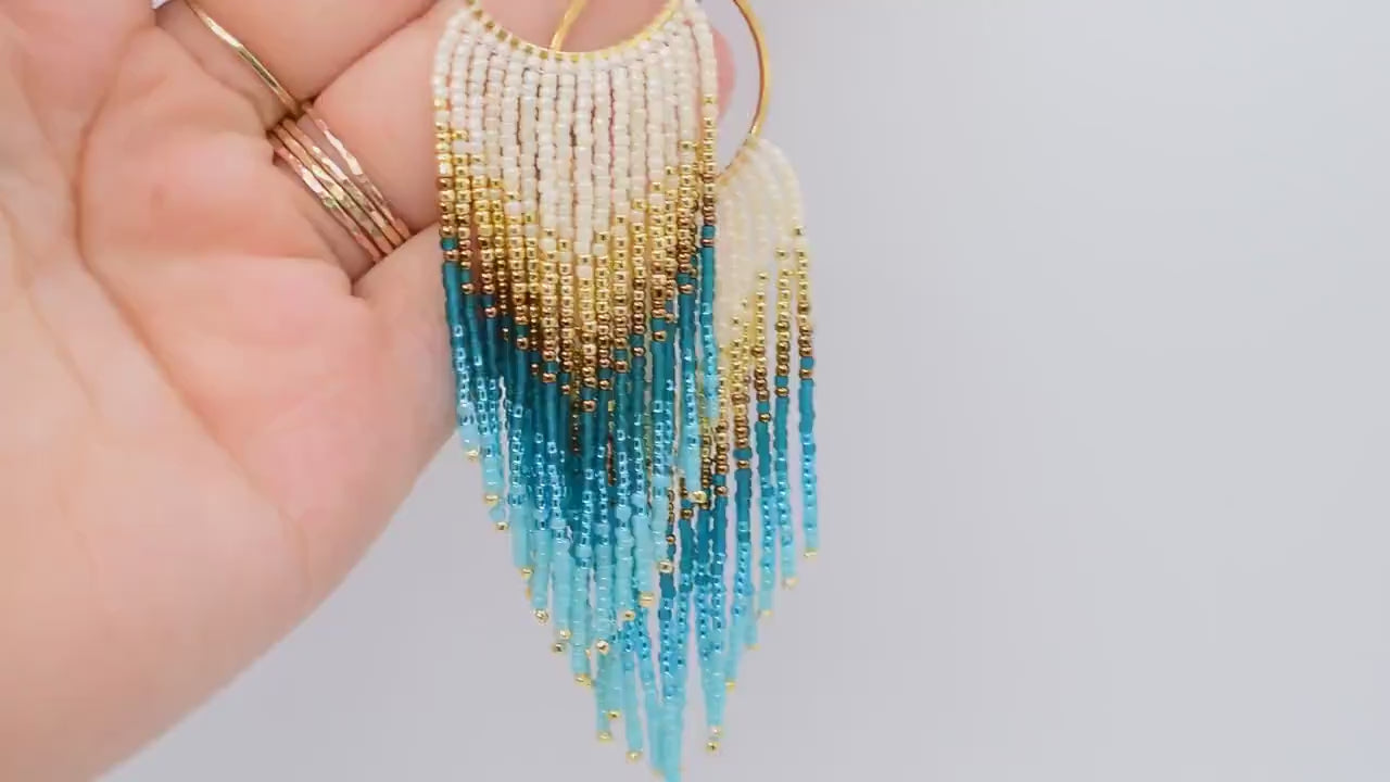 Gold and blue fringe earrings, beaded earrings dangle, evening jewelry, long earrings gold, Valentines earrings dangle, boho earrings