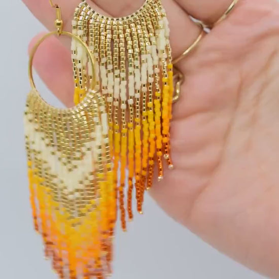 Gold and orange fringe earrings, beaded earrings dangle, long earrings gold, ombre earrings, birthday gift for her, chandelier earrings bead