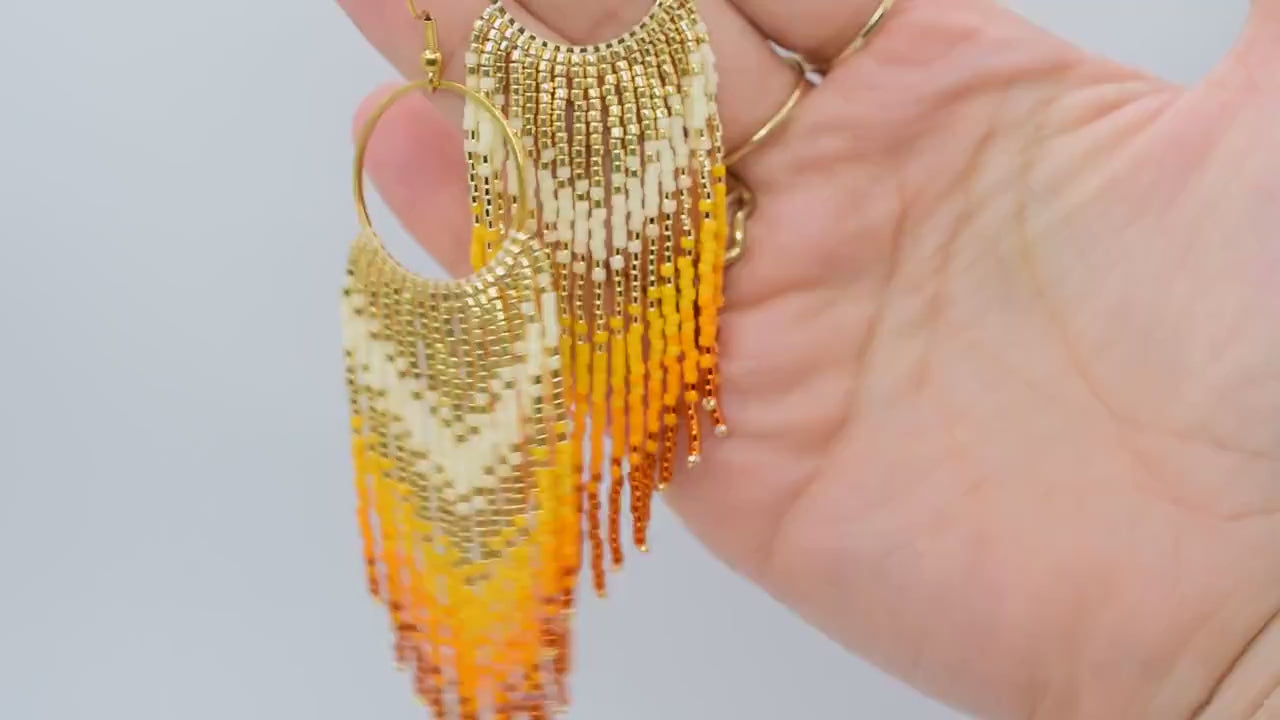 Gold and orange fringe earrings, beaded earrings dangle, long earrings gold, ombre earrings, birthday gift for her, chandelier earrings bead