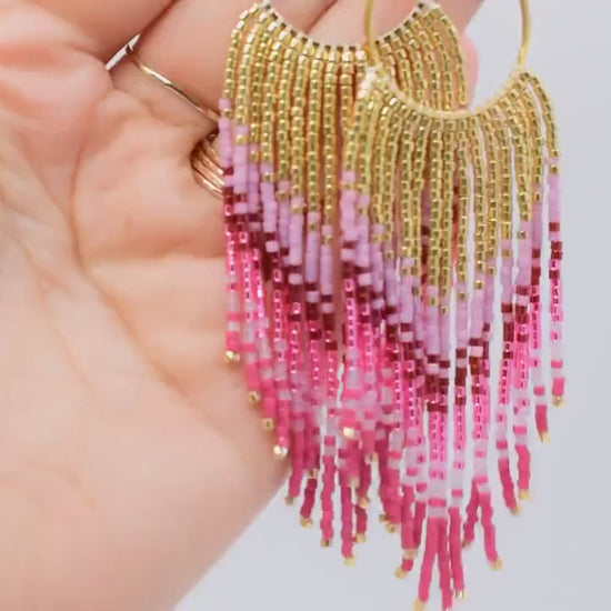 Gold and pink fringe earrings, beaded earrings dangle, evening jewelry, long earrings gold, large boho earrings, birthday gift for her