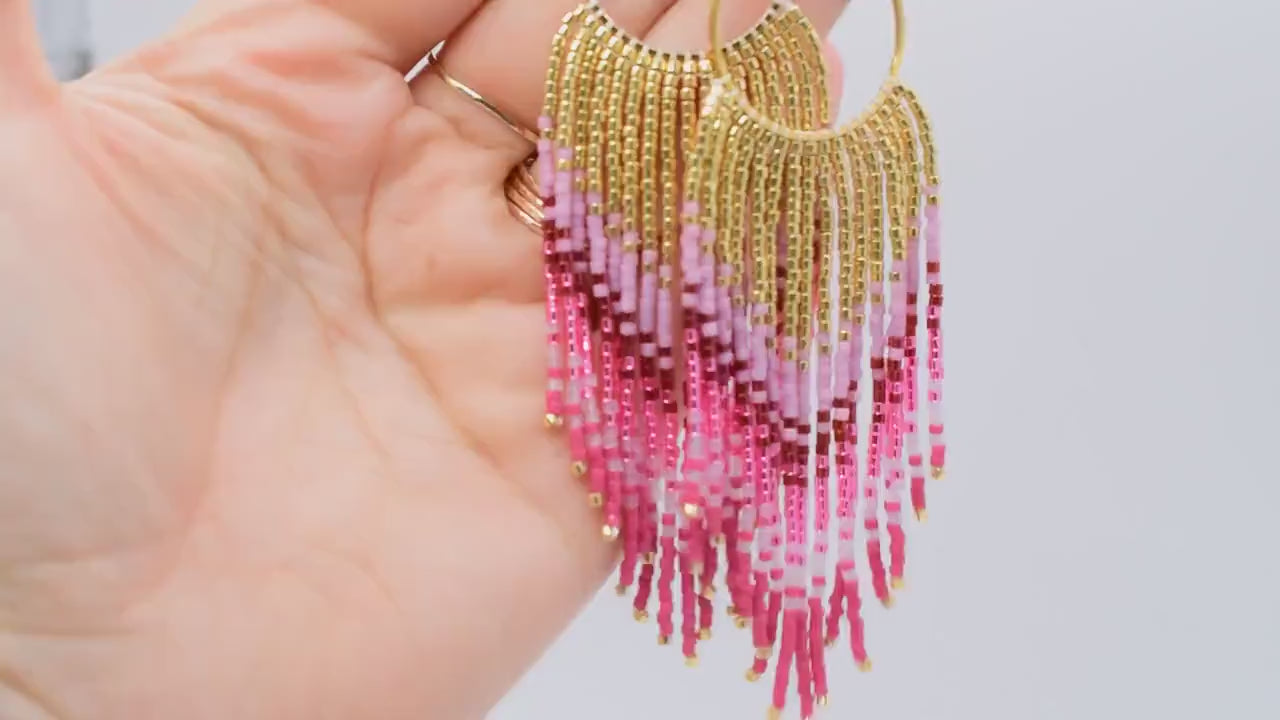 Gold and pink fringe earrings, beaded earrings dangle, evening jewelry, long earrings gold, large boho earrings, birthday gift for her