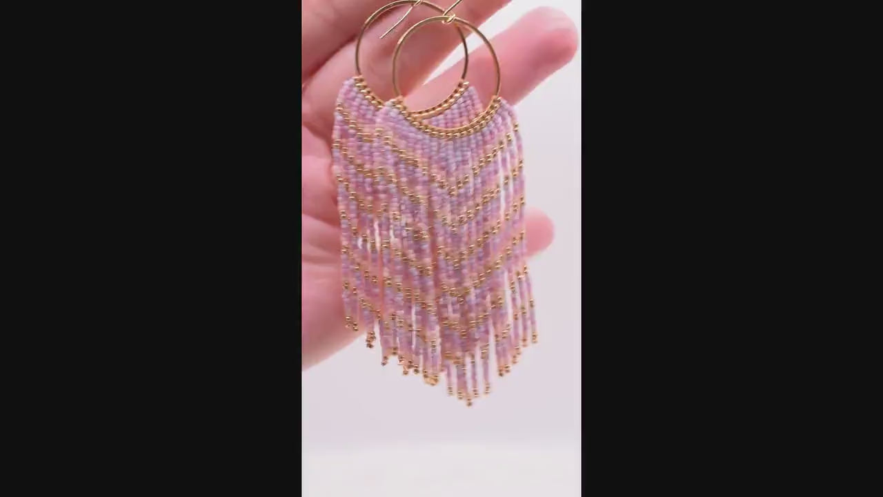 Pink ombre fringe earrings beaded, long earrings dangle, birthday gift for her jewelry, boho earrings pink and gold, chandelier earrings